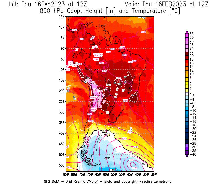 Mappa di analisi GFS - Geopotenziale [m] e Temperatura [°C] a 850 hPa in Sud-America
							del 16/02/2023 12 <!--googleoff: index-->UTC<!--googleon: index-->