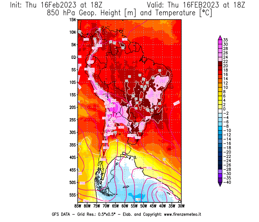 Mappa di analisi GFS - Geopotenziale [m] e Temperatura [°C] a 850 hPa in Sud-America
							del 16/02/2023 18 <!--googleoff: index-->UTC<!--googleon: index-->
