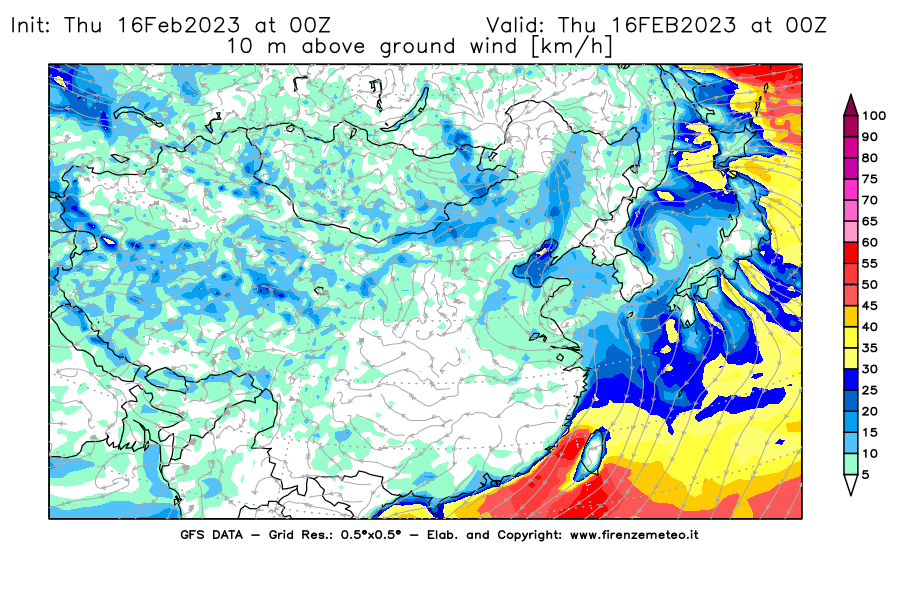 Mappa di analisi GFS - Velocità del vento a 10 metri dal suolo [km/h] in Asia Orientale
							del 16/02/2023 00 <!--googleoff: index-->UTC<!--googleon: index-->