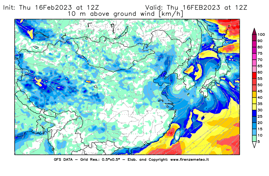 Mappa di analisi GFS - Velocità del vento a 10 metri dal suolo [km/h] in Asia Orientale
							del 16/02/2023 12 <!--googleoff: index-->UTC<!--googleon: index-->