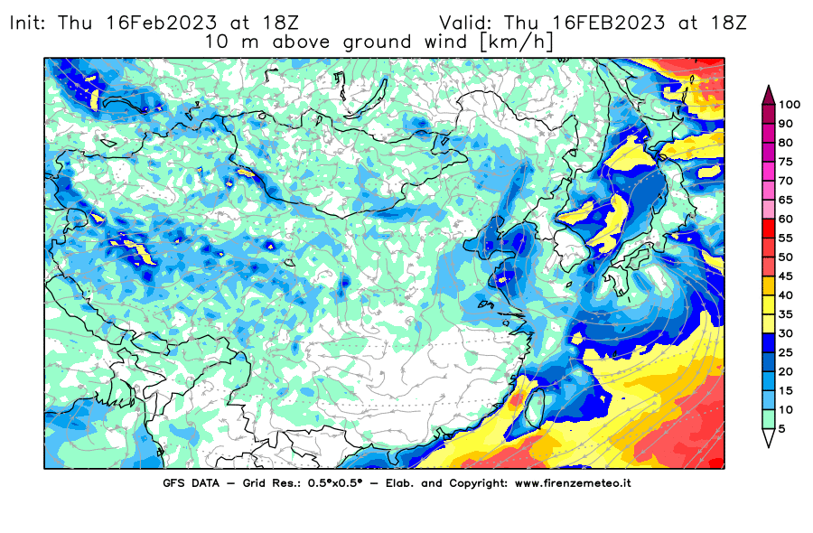 Mappa di analisi GFS - Velocità del vento a 10 metri dal suolo [km/h] in Asia Orientale
							del 16/02/2023 18 <!--googleoff: index-->UTC<!--googleon: index-->