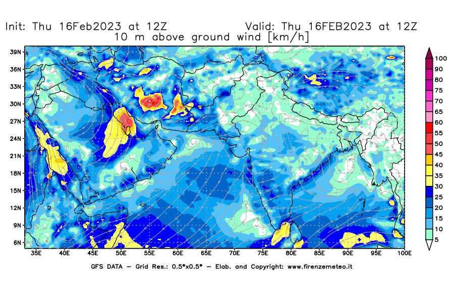 Mappa di analisi GFS - Velocità del vento a 10 metri dal suolo [km/h] in Asia Sud-Occidentale
							del 16/02/2023 12 <!--googleoff: index-->UTC<!--googleon: index-->