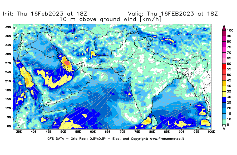 Mappa di analisi GFS - Velocità del vento a 10 metri dal suolo [km/h] in Asia Sud-Occidentale
							del 16/02/2023 18 <!--googleoff: index-->UTC<!--googleon: index-->