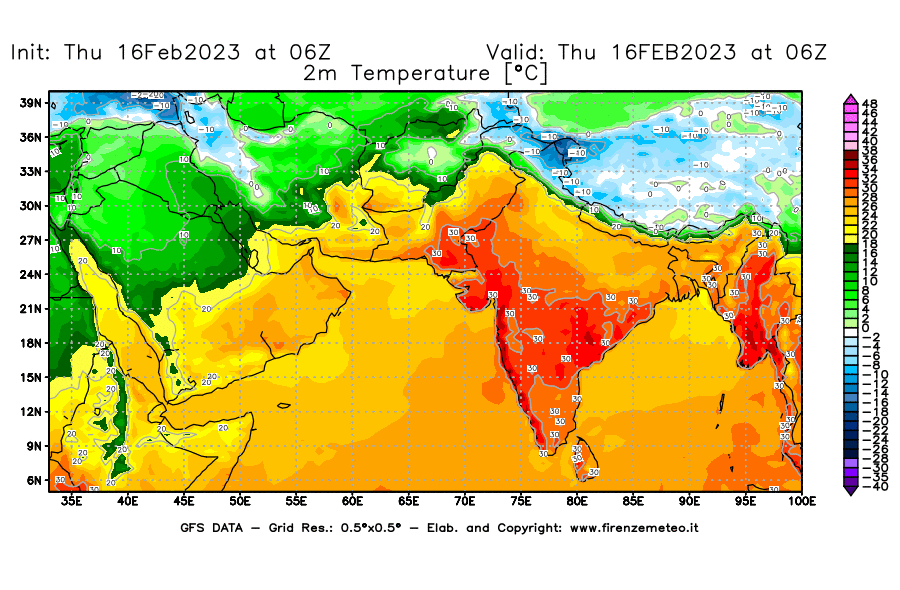 Mappa di analisi GFS - Temperatura a 2 metri dal suolo [°C] in Asia Sud-Occidentale
							del 16/02/2023 06 <!--googleoff: index-->UTC<!--googleon: index-->