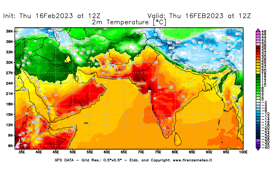 Mappa di analisi GFS - Temperatura a 2 metri dal suolo [°C] in Asia Sud-Occidentale
							del 16/02/2023 12 <!--googleoff: index-->UTC<!--googleon: index-->
