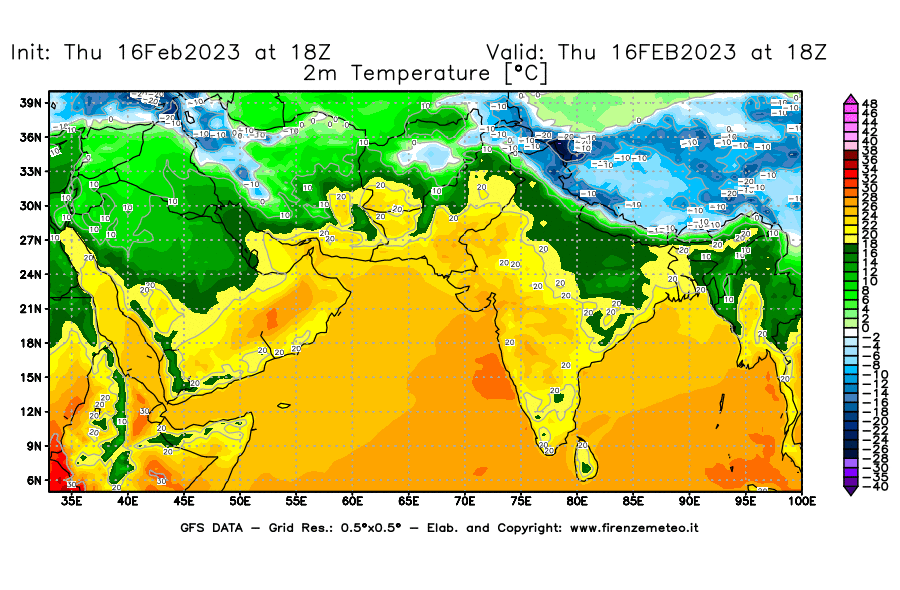 Mappa di analisi GFS - Temperatura a 2 metri dal suolo [°C] in Asia Sud-Occidentale
							del 16/02/2023 18 <!--googleoff: index-->UTC<!--googleon: index-->