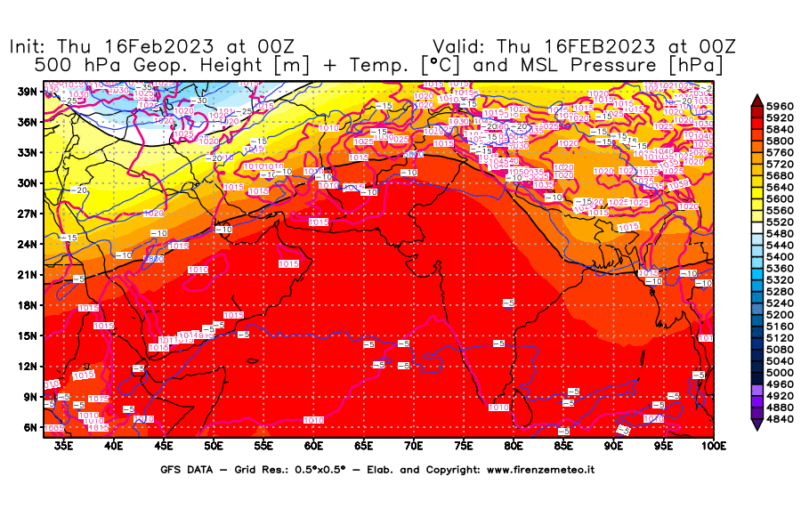 Mappa di analisi GFS - Geopotenziale [m] + Temp. [°C] a 500 hPa + Press. a livello del mare [hPa] in Asia Sud-Occidentale
							del 16/02/2023 00 <!--googleoff: index-->UTC<!--googleon: index-->