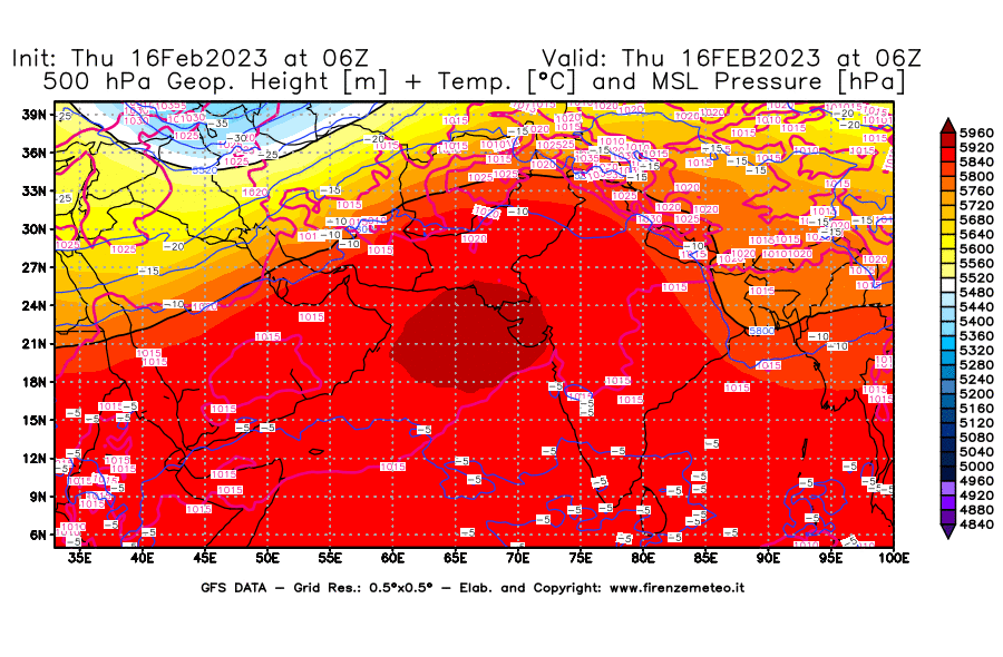 Mappa di analisi GFS - Geopotenziale [m] + Temp. [°C] a 500 hPa + Press. a livello del mare [hPa] in Asia Sud-Occidentale
							del 16/02/2023 06 <!--googleoff: index-->UTC<!--googleon: index-->