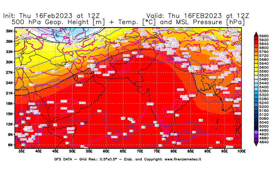 Mappa di analisi GFS - Geopotenziale [m] + Temp. [°C] a 500 hPa + Press. a livello del mare [hPa] in Asia Sud-Occidentale
							del 16/02/2023 12 <!--googleoff: index-->UTC<!--googleon: index-->