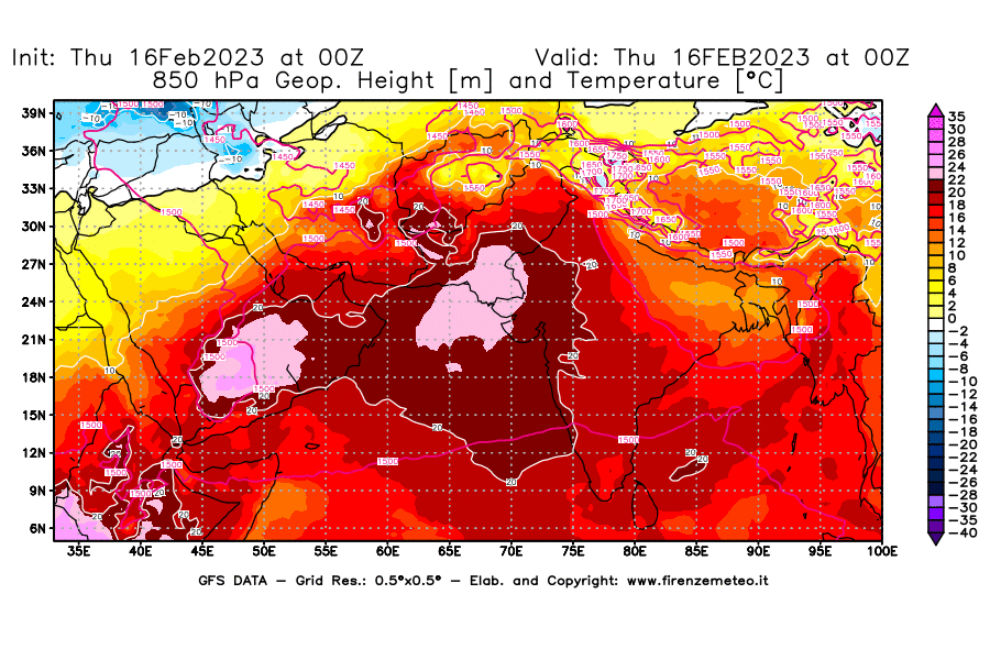 Mappa di analisi GFS - Geopotenziale [m] e Temperatura [°C] a 850 hPa in Asia Sud-Occidentale
							del 16/02/2023 00 <!--googleoff: index-->UTC<!--googleon: index-->