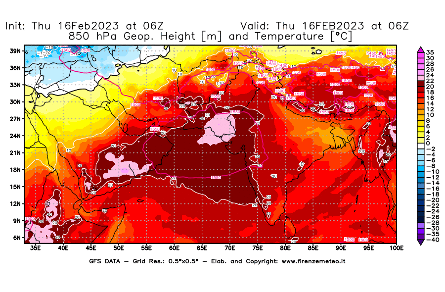 Mappa di analisi GFS - Geopotenziale [m] e Temperatura [°C] a 850 hPa in Asia Sud-Occidentale
							del 16/02/2023 06 <!--googleoff: index-->UTC<!--googleon: index-->