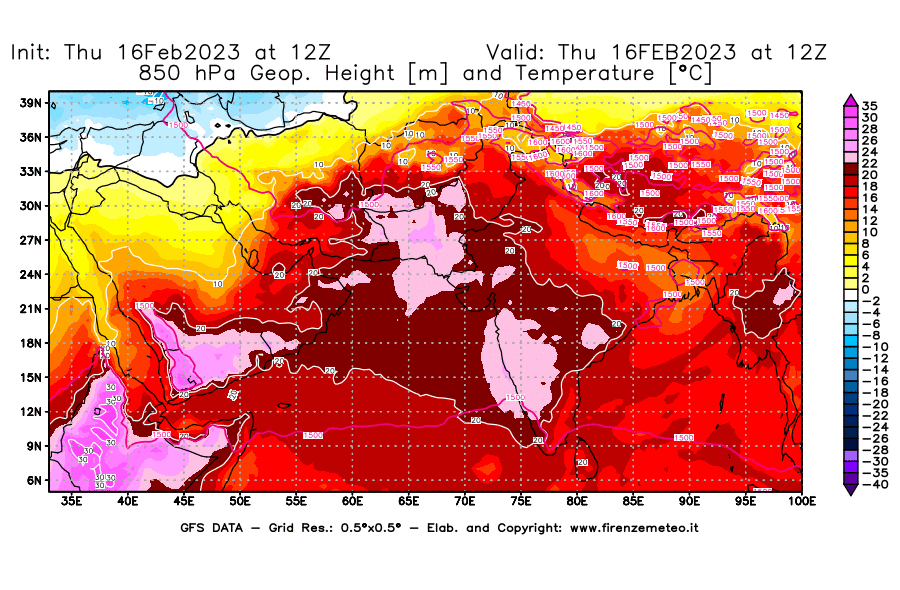 Mappa di analisi GFS - Geopotenziale [m] e Temperatura [°C] a 850 hPa in Asia Sud-Occidentale
							del 16/02/2023 12 <!--googleoff: index-->UTC<!--googleon: index-->