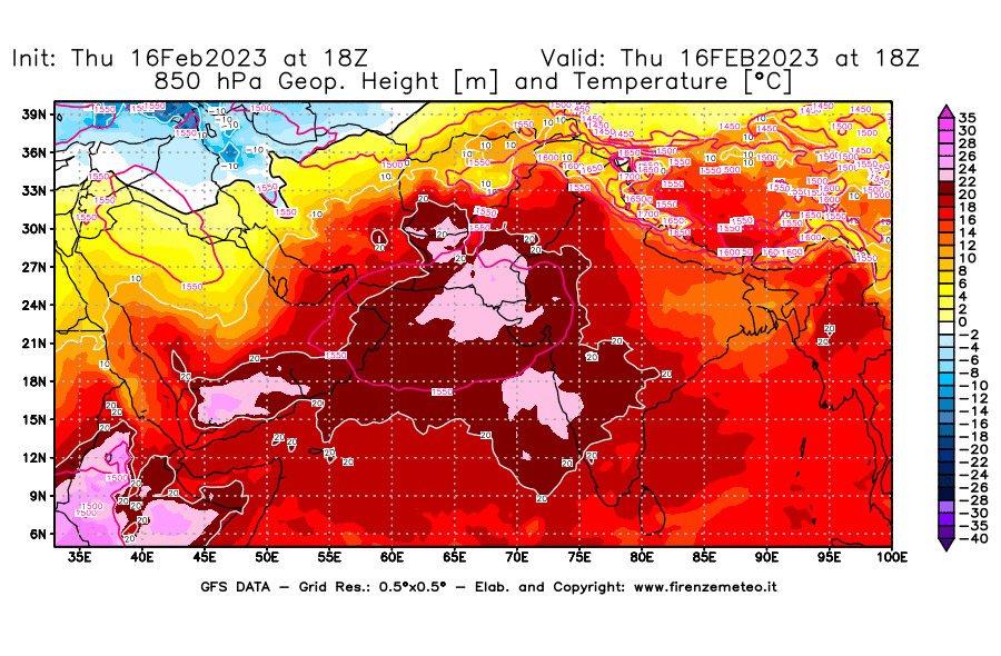 Mappa di analisi GFS - Geopotenziale [m] e Temperatura [°C] a 850 hPa in Asia Sud-Occidentale
							del 16/02/2023 18 <!--googleoff: index-->UTC<!--googleon: index-->