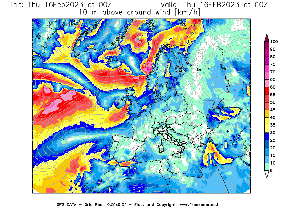 Mappa di analisi GFS - Velocità del vento a 10 metri dal suolo [km/h] in Europa
							del 16/02/2023 00 <!--googleoff: index-->UTC<!--googleon: index-->