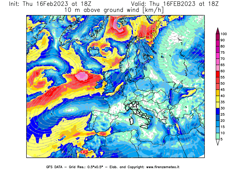 Mappa di analisi GFS - Velocità del vento a 10 metri dal suolo [km/h] in Europa
							del 16/02/2023 18 <!--googleoff: index-->UTC<!--googleon: index-->