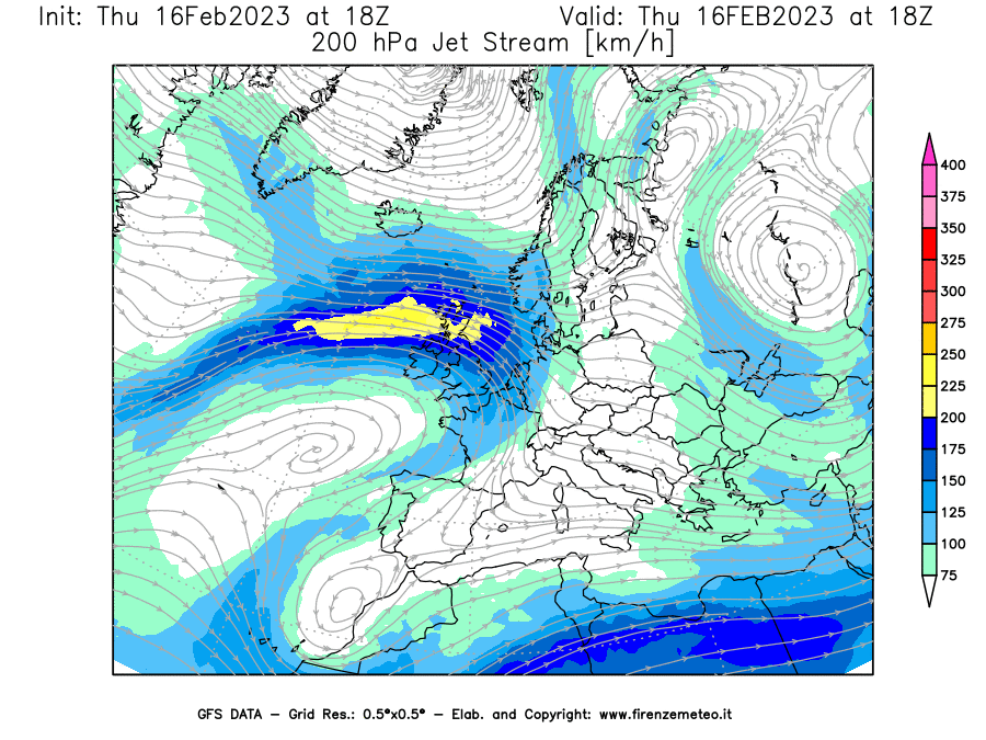 Mappa di analisi GFS - Jet Stream a 200 hPa in Europa
							del 16/02/2023 18 <!--googleoff: index-->UTC<!--googleon: index-->