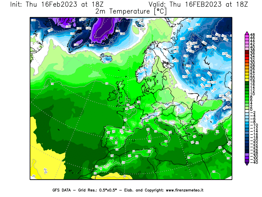 Mappa di analisi GFS - Temperatura a 2 metri dal suolo [°C] in Europa
							del 16/02/2023 18 <!--googleoff: index-->UTC<!--googleon: index-->