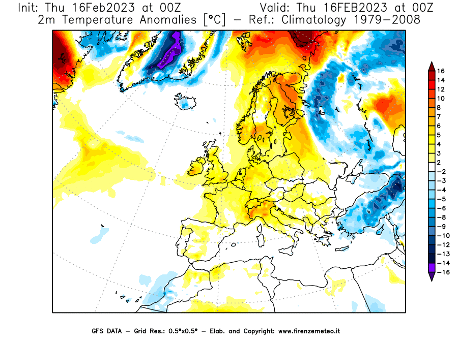 Mappa di analisi GFS - Anomalia Temperatura [°C] a 2 m in Europa
							del 16/02/2023 00 <!--googleoff: index-->UTC<!--googleon: index-->