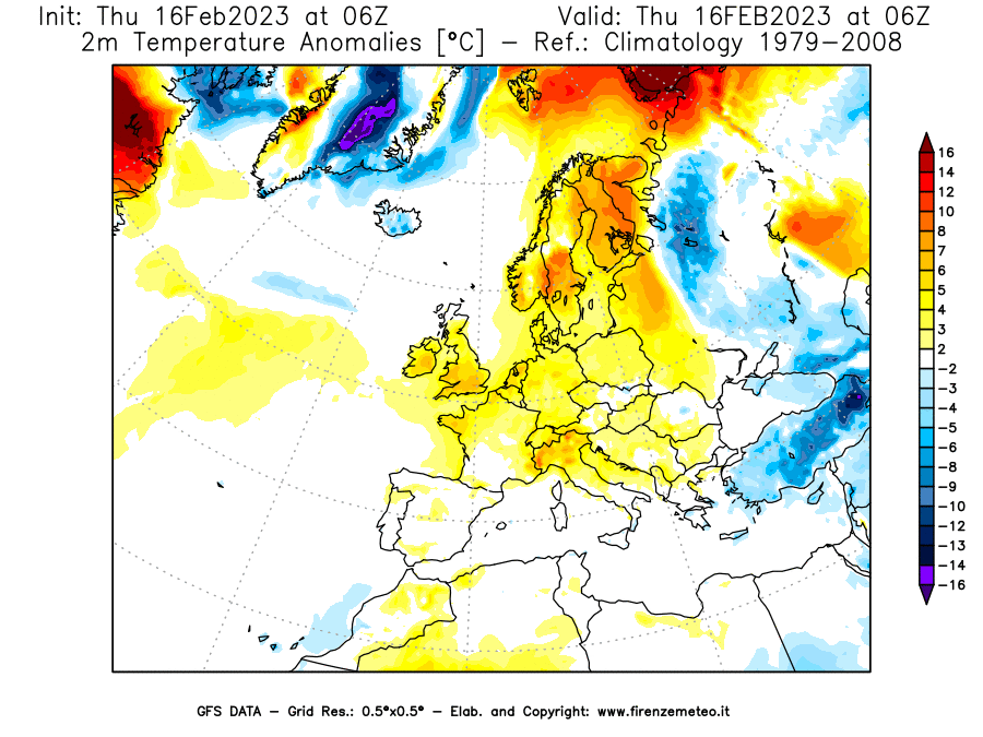Mappa di analisi GFS - Anomalia Temperatura [°C] a 2 m in Europa
							del 16/02/2023 06 <!--googleoff: index-->UTC<!--googleon: index-->