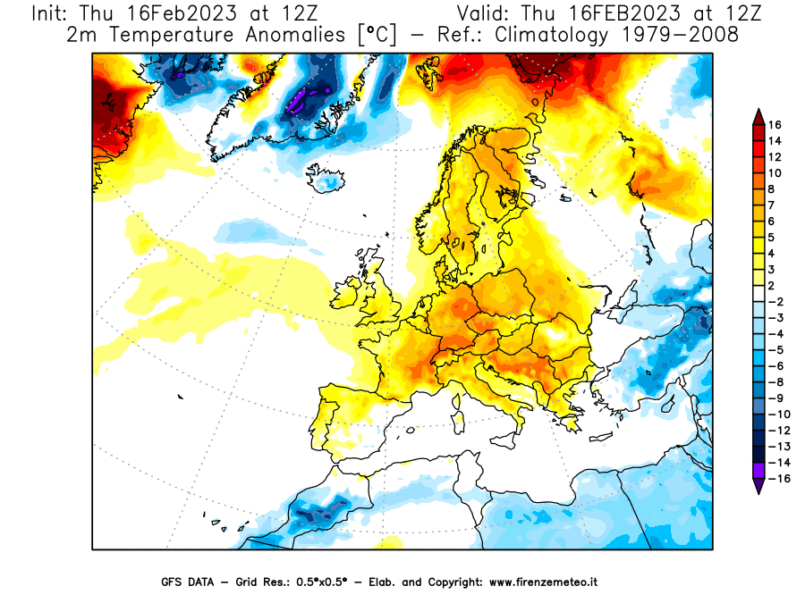 Mappa di analisi GFS - Anomalia Temperatura [°C] a 2 m in Europa
							del 16/02/2023 12 <!--googleoff: index-->UTC<!--googleon: index-->