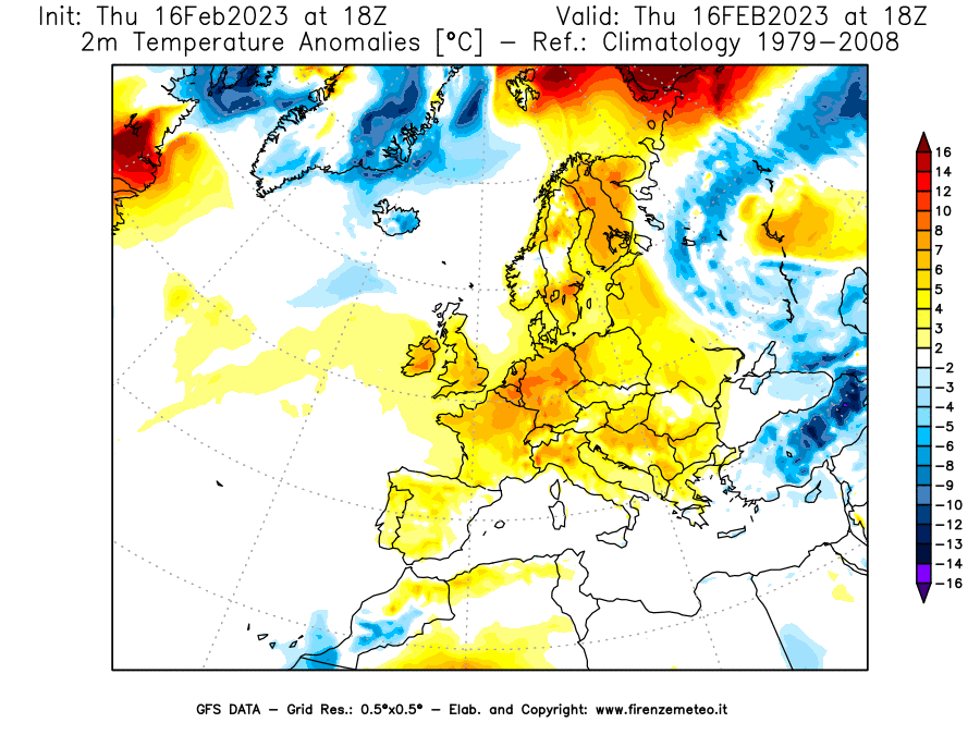 Mappa di analisi GFS - Anomalia Temperatura [°C] a 2 m in Europa
							del 16/02/2023 18 <!--googleoff: index-->UTC<!--googleon: index-->