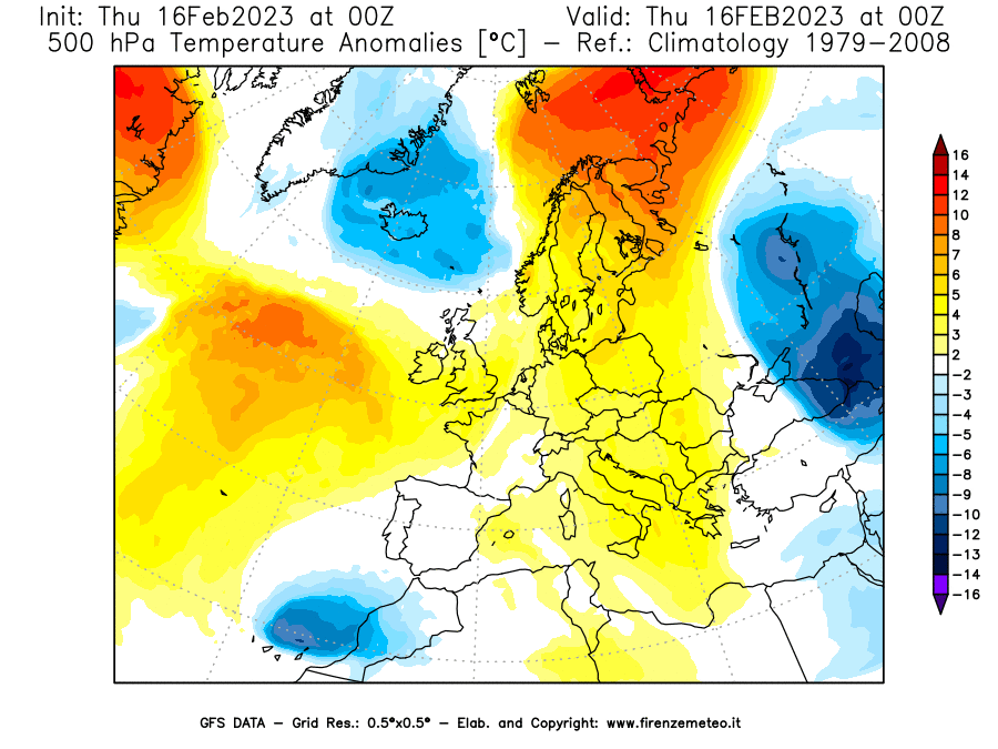 Mappa di analisi GFS - Anomalia Temperatura [°C] a 500 hPa in Europa
							del 16/02/2023 00 <!--googleoff: index-->UTC<!--googleon: index-->