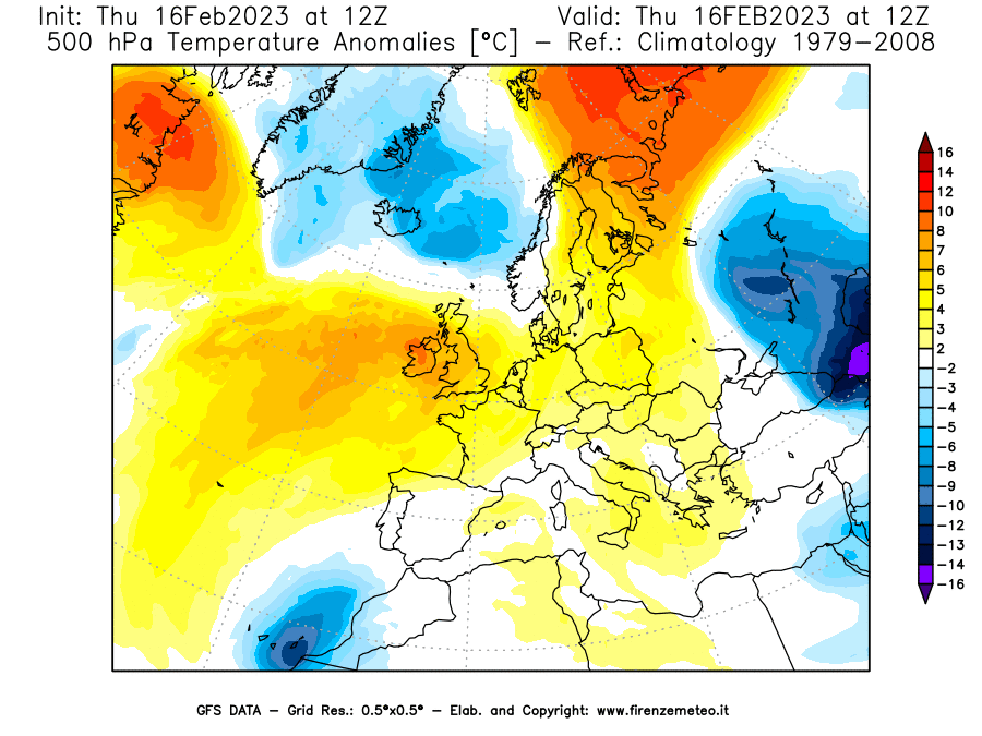 Mappa di analisi GFS - Anomalia Temperatura [°C] a 500 hPa in Europa
							del 16/02/2023 12 <!--googleoff: index-->UTC<!--googleon: index-->