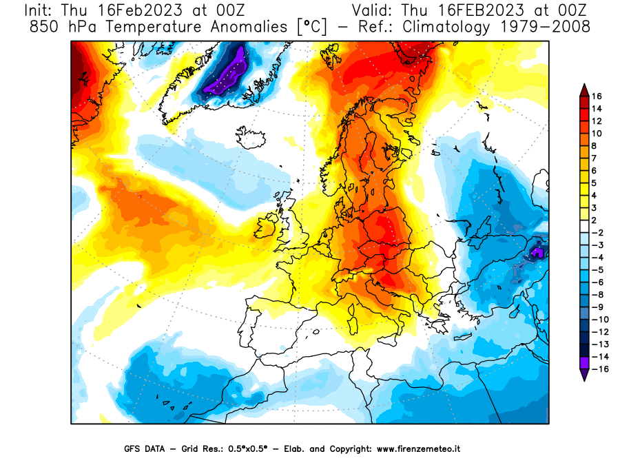 Mappa di analisi GFS - Anomalia Temperatura [°C] a 850 hPa in Europa
							del 16/02/2023 00 <!--googleoff: index-->UTC<!--googleon: index-->