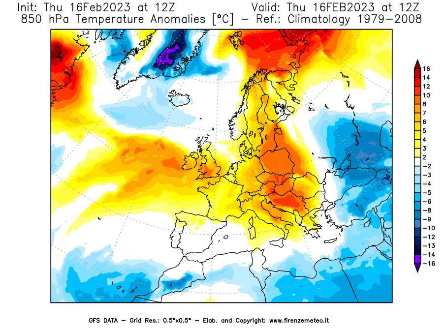 Mappa di analisi GFS - Anomalia Temperatura [°C] a 850 hPa in Europa
							del 16/02/2023 12 <!--googleoff: index-->UTC<!--googleon: index-->
