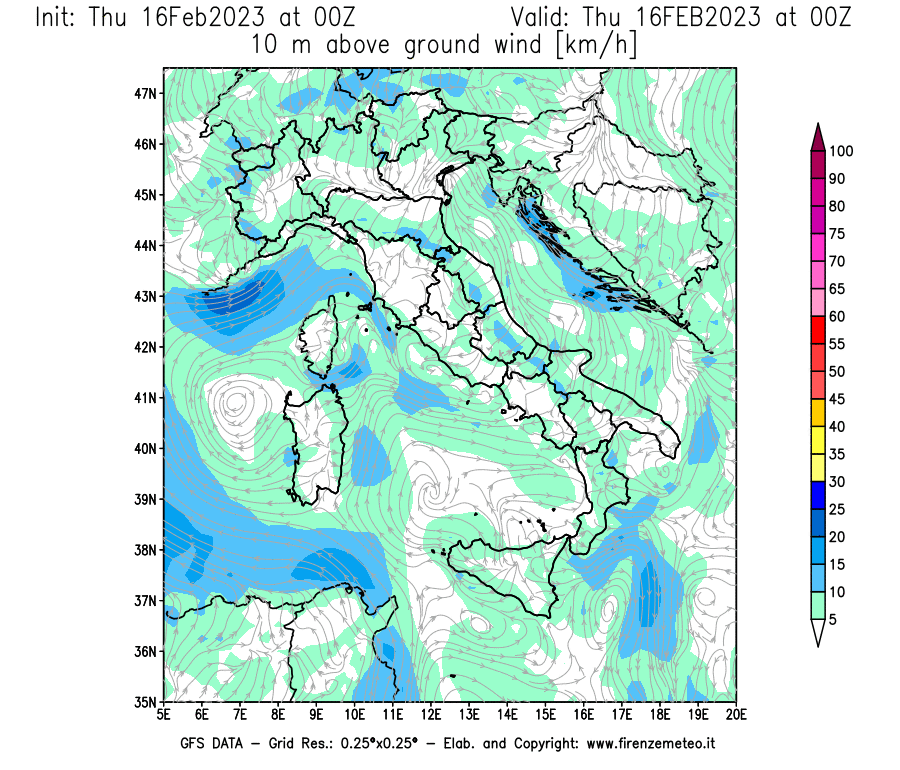 Mappa di analisi GFS - Velocità del vento a 10 metri dal suolo [km/h] in Italia
							del 16/02/2023 00 <!--googleoff: index-->UTC<!--googleon: index-->