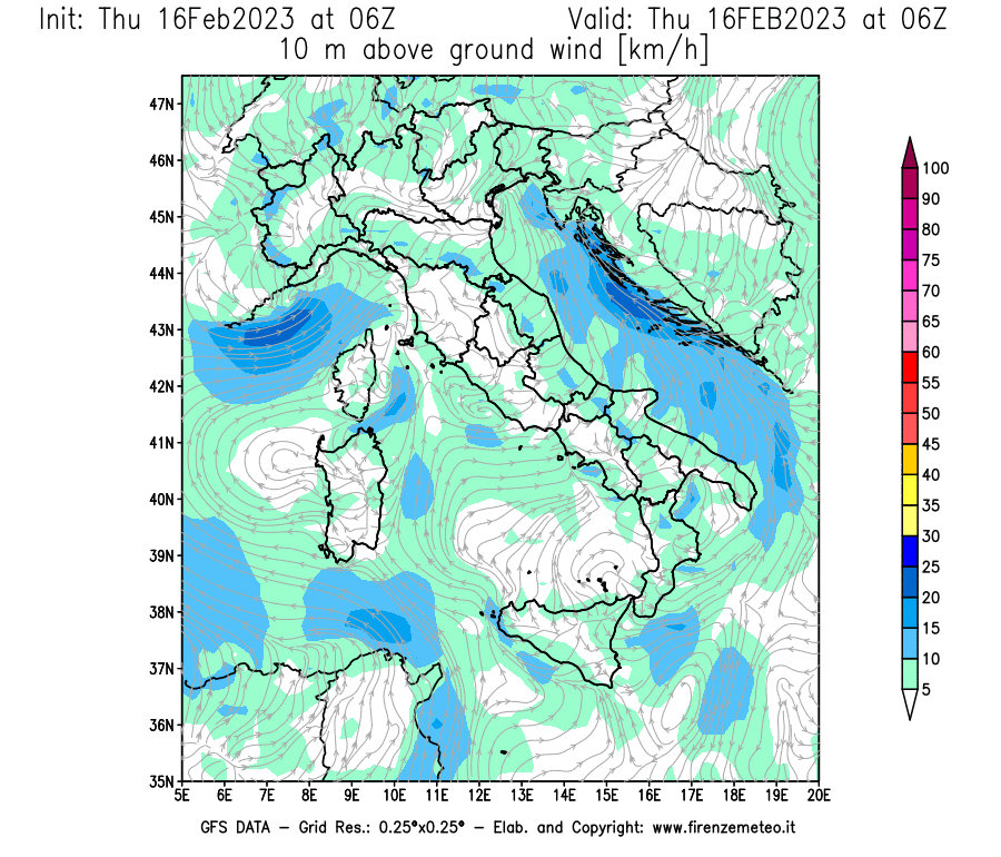 Mappa di analisi GFS - Velocità del vento a 10 metri dal suolo [km/h] in Italia
							del 16/02/2023 06 <!--googleoff: index-->UTC<!--googleon: index-->