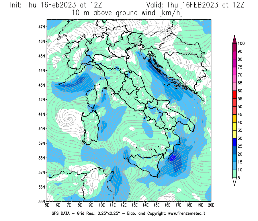 Mappa di analisi GFS - Velocità del vento a 10 metri dal suolo [km/h] in Italia
							del 16/02/2023 12 <!--googleoff: index-->UTC<!--googleon: index-->