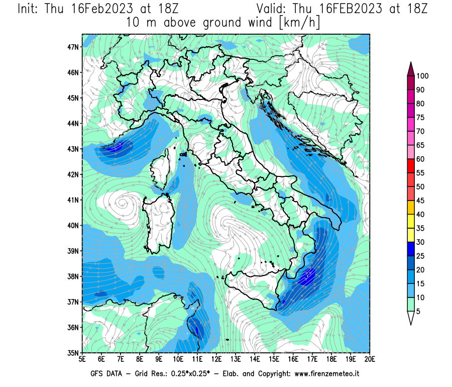 Mappa di analisi GFS - Velocità del vento a 10 metri dal suolo [km/h] in Italia
							del 16/02/2023 18 <!--googleoff: index-->UTC<!--googleon: index-->