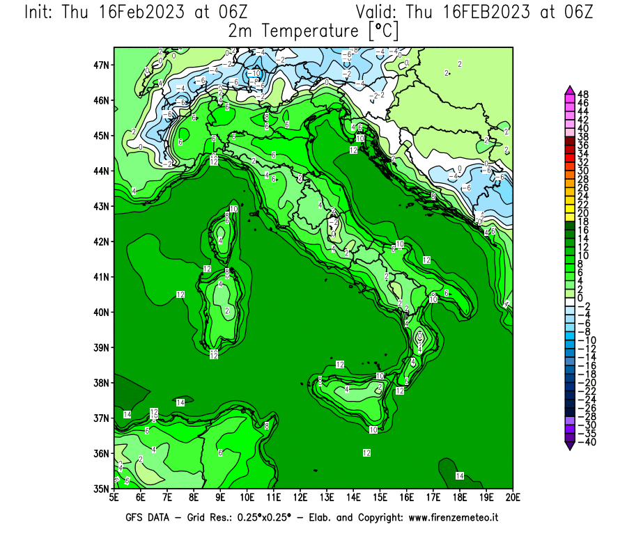 Mappa di analisi GFS - Temperatura a 2 metri dal suolo [°C] in Italia
							del 16/02/2023 06 <!--googleoff: index-->UTC<!--googleon: index-->