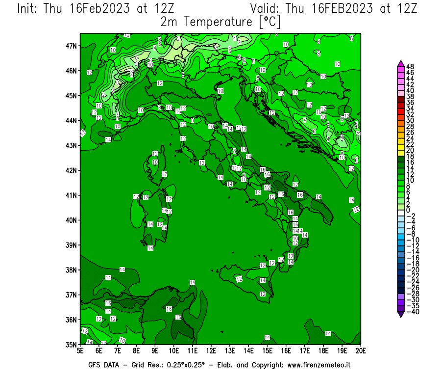 Mappa di analisi GFS - Temperatura a 2 metri dal suolo [°C] in Italia
							del 16/02/2023 12 <!--googleoff: index-->UTC<!--googleon: index-->