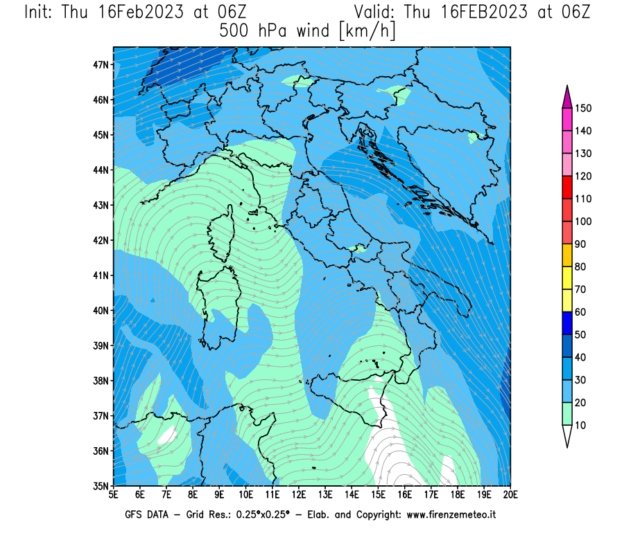 Mappa di analisi GFS - Velocità del vento a 500 hPa [km/h] in Italia
							del 16/02/2023 06 <!--googleoff: index-->UTC<!--googleon: index-->