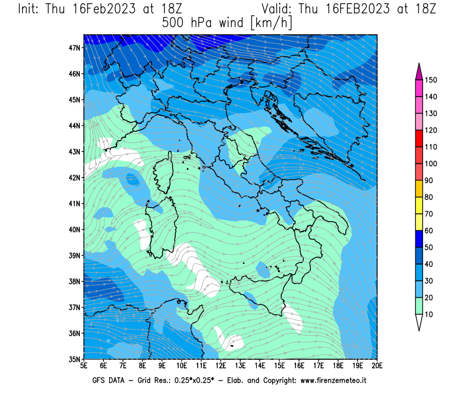 Mappa di analisi GFS - Velocità del vento a 500 hPa [km/h] in Italia
							del 16/02/2023 18 <!--googleoff: index-->UTC<!--googleon: index-->