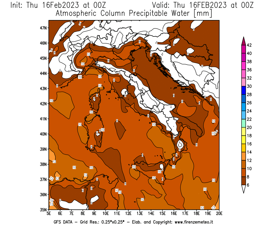 Mappa di analisi GFS - Precipitable Water [mm] in Italia
							del 16/02/2023 00 <!--googleoff: index-->UTC<!--googleon: index-->