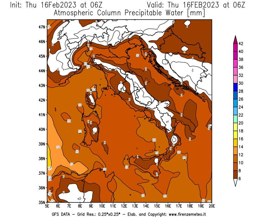 Mappa di analisi GFS - Precipitable Water [mm] in Italia
							del 16/02/2023 06 <!--googleoff: index-->UTC<!--googleon: index-->