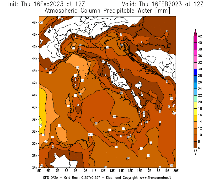 Mappa di analisi GFS - Precipitable Water [mm] in Italia
							del 16/02/2023 12 <!--googleoff: index-->UTC<!--googleon: index-->