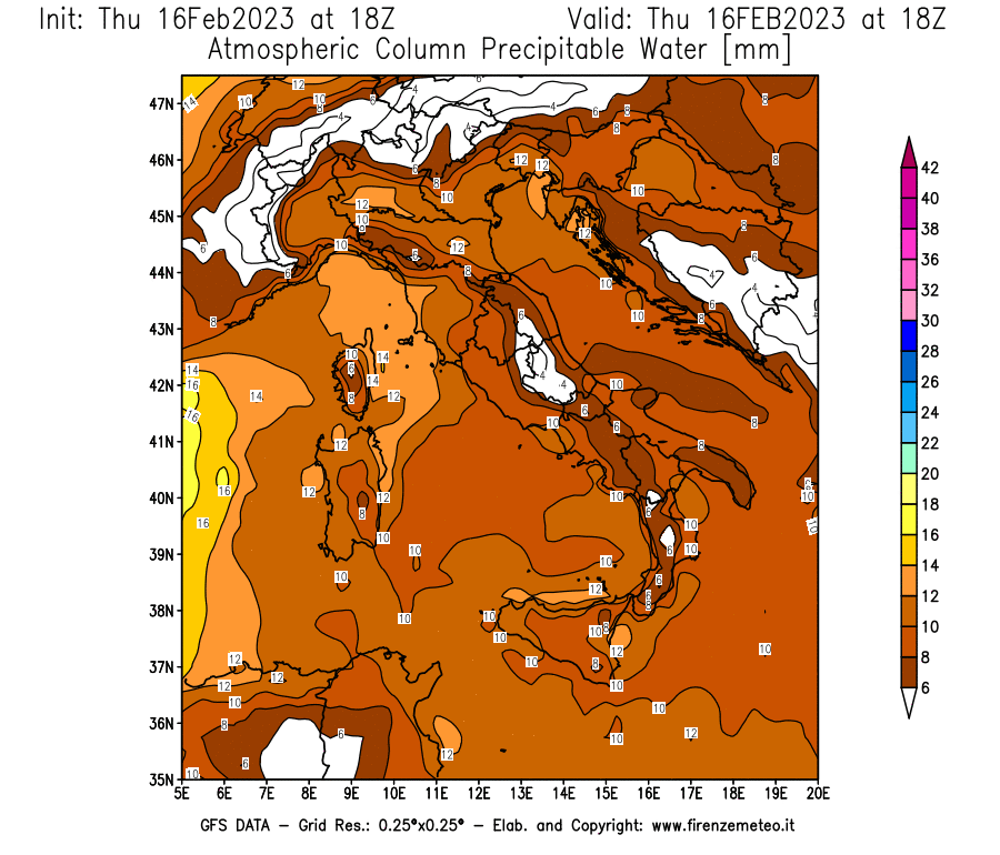Mappa di analisi GFS - Precipitable Water [mm] in Italia
							del 16/02/2023 18 <!--googleoff: index-->UTC<!--googleon: index-->