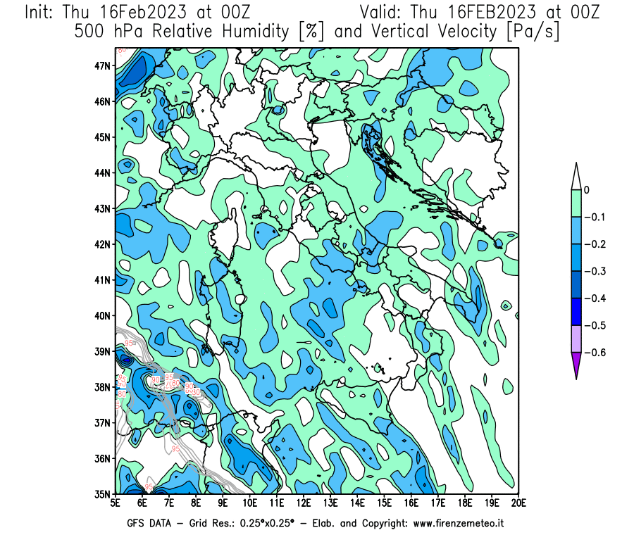 Mappa di analisi GFS - Umidità relativa [%] e Omega [Pa/s] a 500 hPa in Italia
							del 16/02/2023 00 <!--googleoff: index-->UTC<!--googleon: index-->