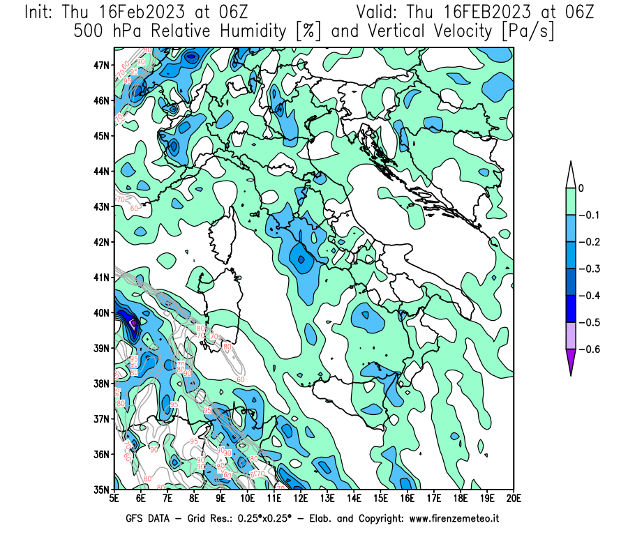 Mappa di analisi GFS - Umidità relativa [%] e Omega [Pa/s] a 500 hPa in Italia
							del 16/02/2023 06 <!--googleoff: index-->UTC<!--googleon: index-->