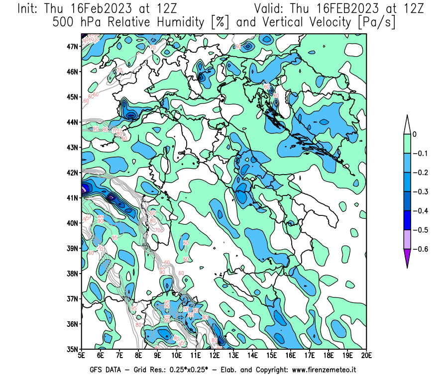 Mappa di analisi GFS - Umidità relativa [%] e Omega [Pa/s] a 500 hPa in Italia
							del 16/02/2023 12 <!--googleoff: index-->UTC<!--googleon: index-->