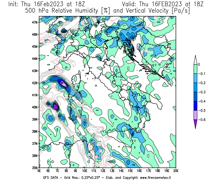 Mappa di analisi GFS - Umidità relativa [%] e Omega [Pa/s] a 500 hPa in Italia
							del 16/02/2023 18 <!--googleoff: index-->UTC<!--googleon: index-->