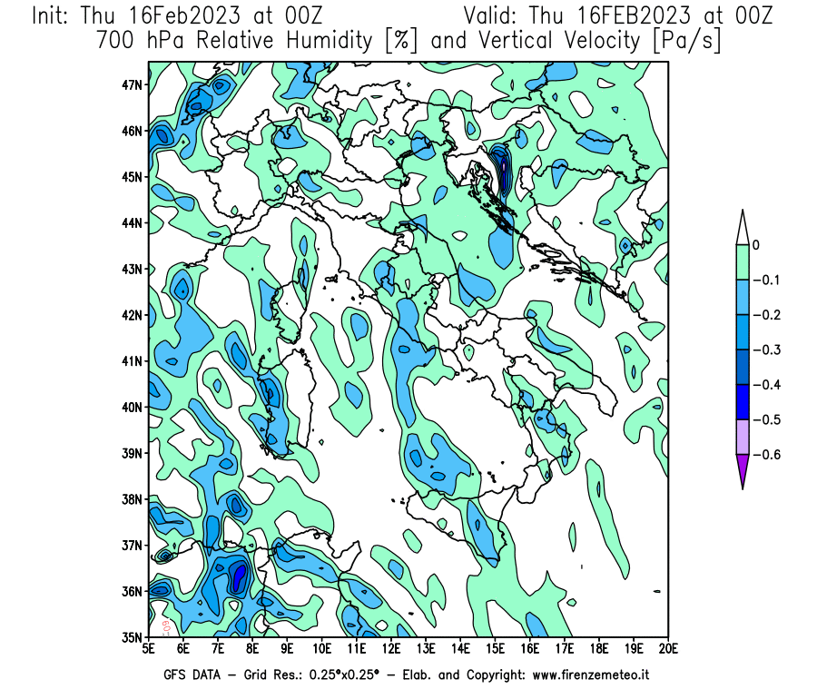 Mappa di analisi GFS - Umidità relativa [%] e Omega [Pa/s] a 700 hPa in Italia
							del 16/02/2023 00 <!--googleoff: index-->UTC<!--googleon: index-->