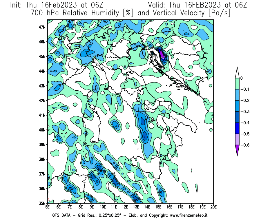 Mappa di analisi GFS - Umidità relativa [%] e Omega [Pa/s] a 700 hPa in Italia
							del 16/02/2023 06 <!--googleoff: index-->UTC<!--googleon: index-->