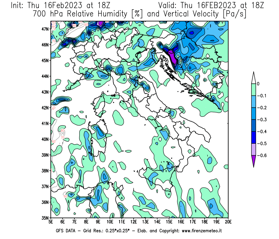 Mappa di analisi GFS - Umidità relativa [%] e Omega [Pa/s] a 700 hPa in Italia
							del 16/02/2023 18 <!--googleoff: index-->UTC<!--googleon: index-->