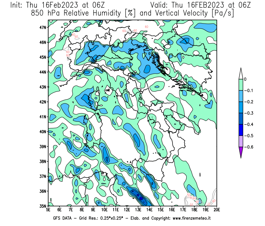 Mappa di analisi GFS - Umidità relativa [%] e Omega [Pa/s] a 850 hPa in Italia
							del 16/02/2023 06 <!--googleoff: index-->UTC<!--googleon: index-->