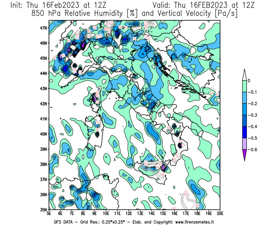 Mappa di analisi GFS - Umidità relativa [%] e Omega [Pa/s] a 850 hPa in Italia
							del 16/02/2023 12 <!--googleoff: index-->UTC<!--googleon: index-->